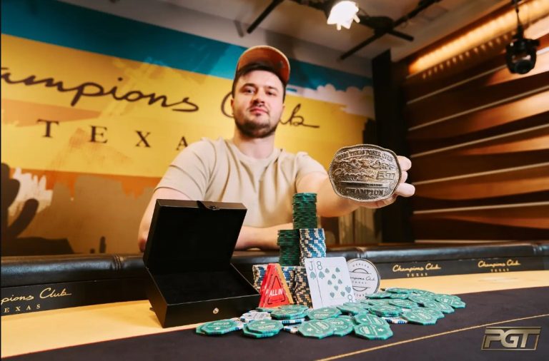 Vladyslav Shovkovyi celebrando su victoria en el PGT Texas Poker Open.